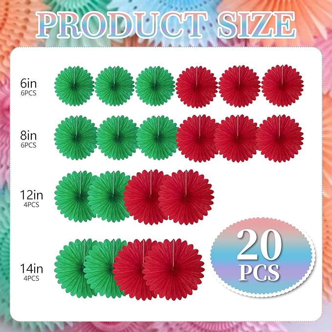 20 Pcs Red Green Hanging Paper Fan, Round Paper Fans Decorations Set - Image 2