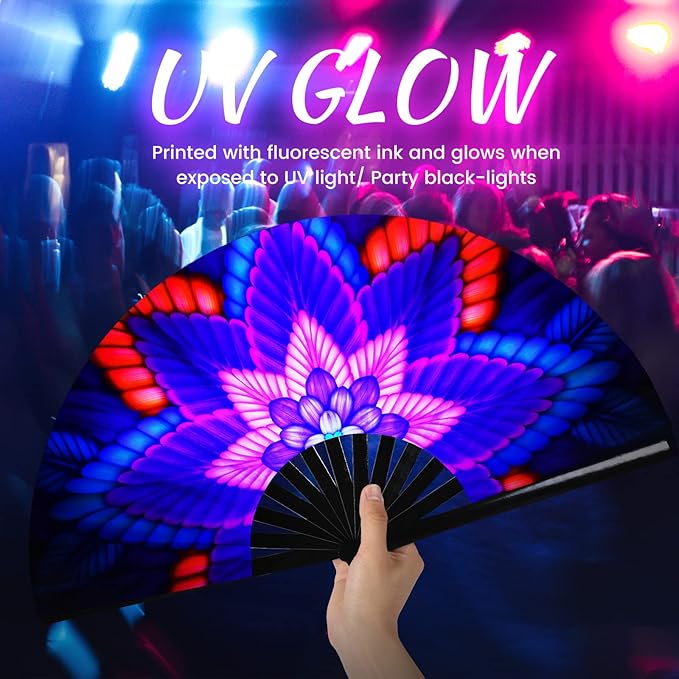 SYNTECSO Folding Hand Fan for Rave, UV Glow Fan, Large Bamboo Fan for Drag Queen - Image 7
