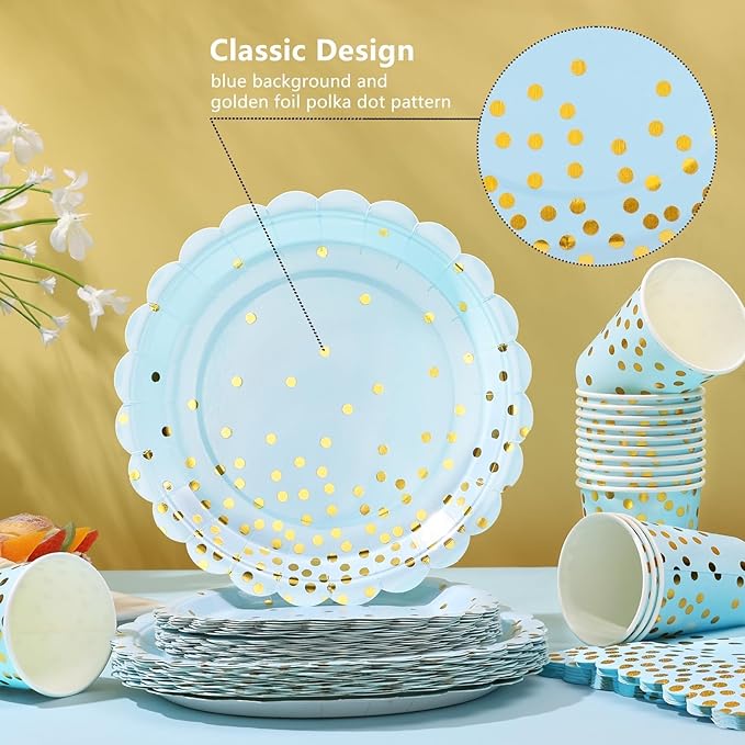 Blue and Gold Party Decorations 175PCS Light Blue Paper Plates and Napkins and - Image 3