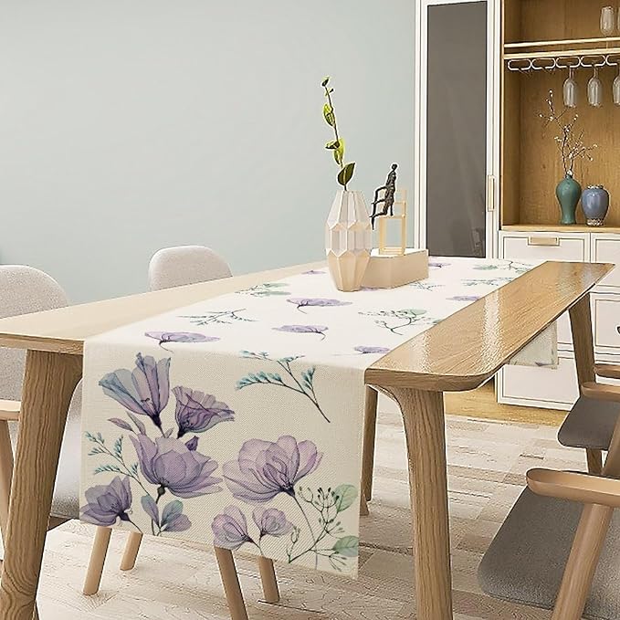 Poppy Flower Table Runner, Watercolor Purple Floral Leaves Seasonal Spring - Image 6