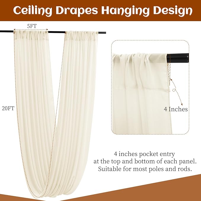 6 Panels Ivory Ceiling Drapes 5ftx20ft Wedding Ceiling Drapes Chiffon Fabric - Image 3