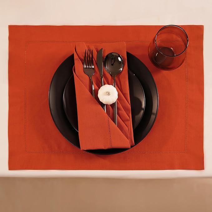 Cotton Linen Dinner Napkin Set of 4 – Hemstitch Pumpkin Cloth Dinner Napkin-20 - Image 3