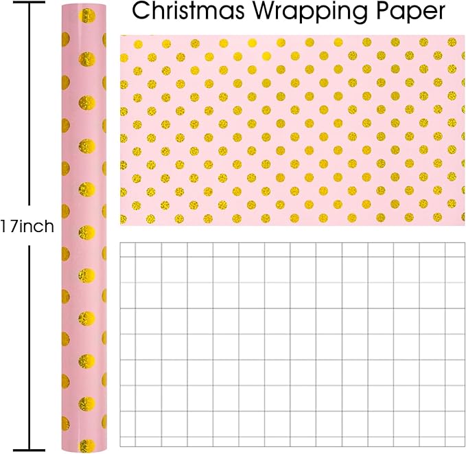 Burymento Pink Holographic Dots Wrapping Paper, Reversible Gold Gift Wrap - Image 5