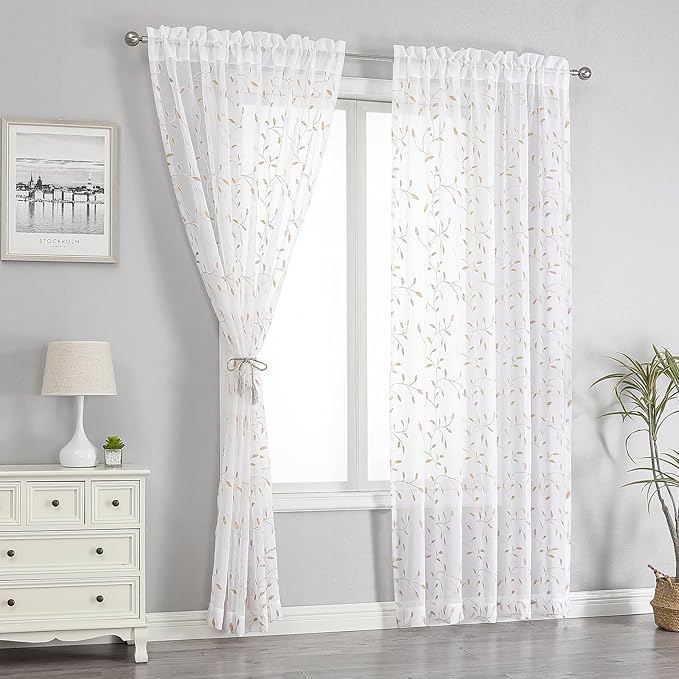VISIONTEX White Sheer Voile Curtains, Decorative Orange Leaves Embroidery Faux - Image 2