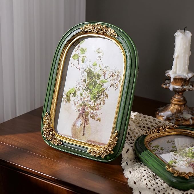 Cuspin Vintage 5x7 Picture Frame, Ornate Gold Green Arch Frames Resin Photo - Image 2
