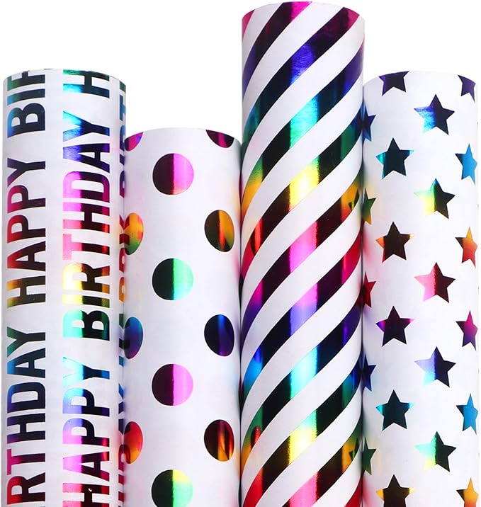 Ribbli Birthday Wrapping Paper 30 Inch Iridescent Gift Wrapping Paper 4 Rolls by Ribbli