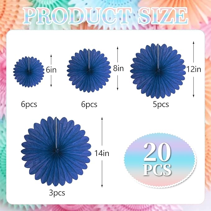 20 Pcs Navy Blue Hanging Paper Fan, Round Paper Fans Decorations Set - Image 2