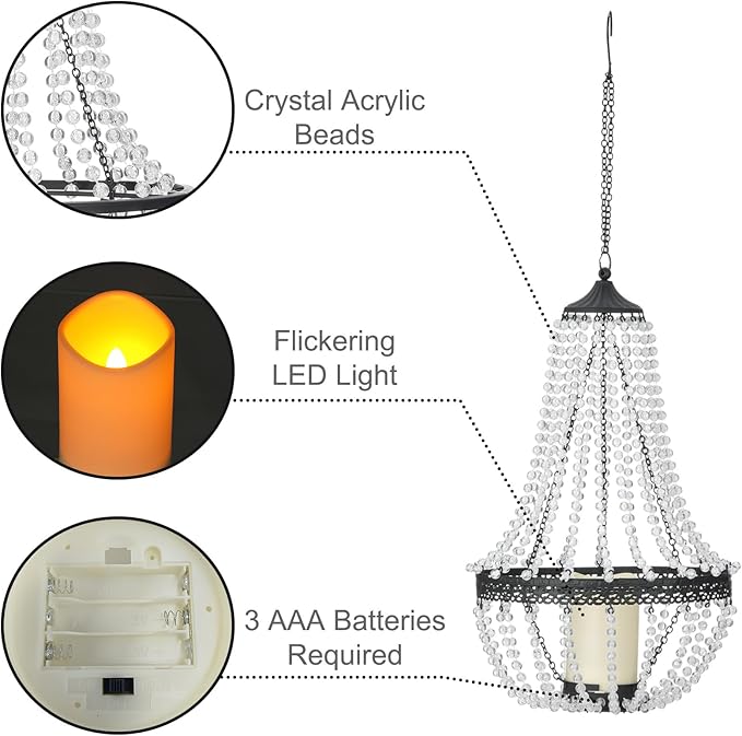 Hanging Candle Lantern, 27” Battery Operated Modern Clear Acrylic Crystal - Image 4