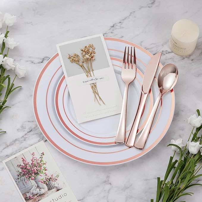 BESTVIP 450PCS Plastic Dinnerware Set, Rose Gold Disposable Plates - Image 2