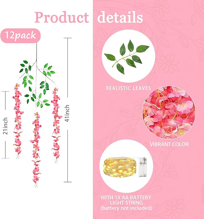 12 Pack Dark Pink Wisteria Hanging Flowers Garland - Image 2