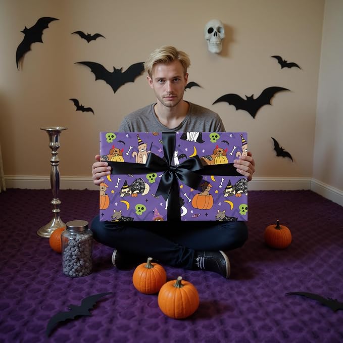 LeZakaa Halloween Purple Animal Wrapping Paper Roll, Cat Dog in Halloween - Image 5