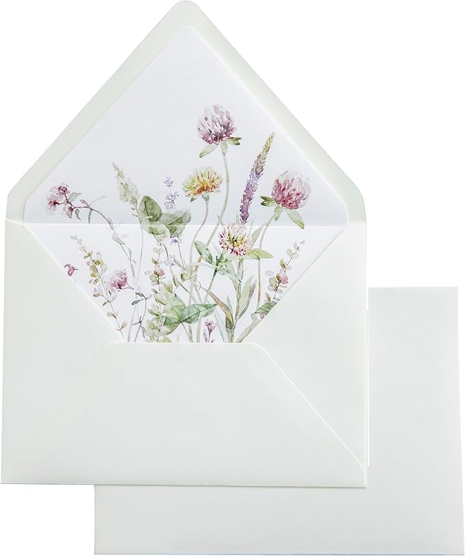 PONATIA 50PCS A7 Euro Flap Ivory Envelope, 5.25 x 7.25'' Wild Flowers Liner by ponatia