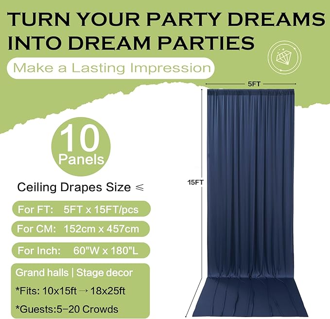 PartyVillage 50ft×15ft Navy Blue Backdrop Curtain - Image 6