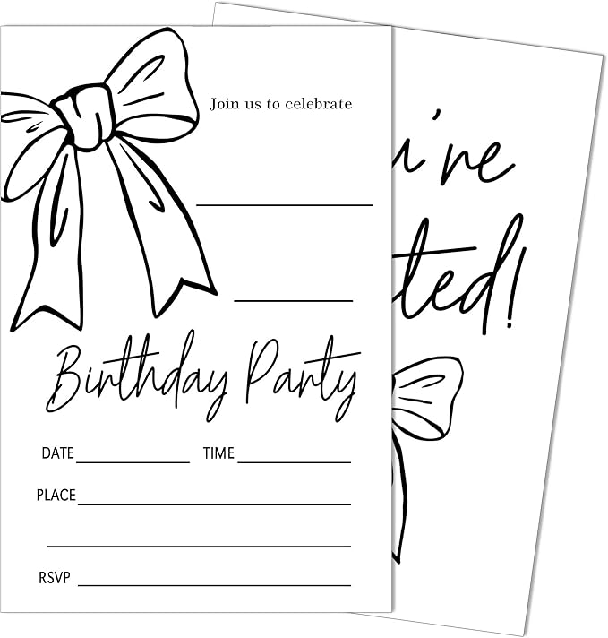 SIXEIGHT Black Bow Birthday Decorations, 20 Party Invitations by SIXEIGHT