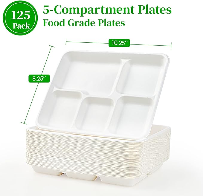 ECOLipak 100% Compostable 5 Compartment Plates, 125 Pack Disposable Paper Plates - Image 3