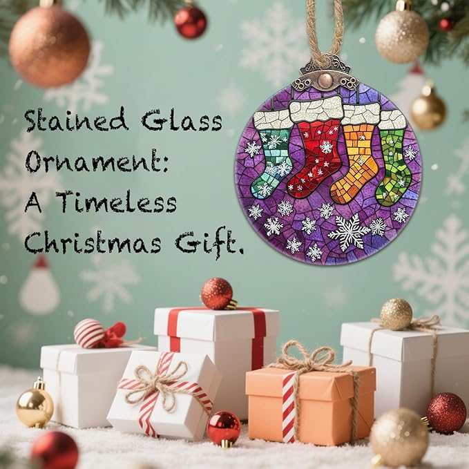 Stained Glass Christmas Decorations, Colorful Stockings Purple Suncatcher - Image 7