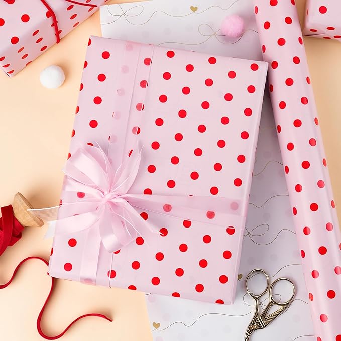 Flyhill Red Polka Dot Wrapping Paper, Reversible Pink Gold Elegant Bow & Heart - Image 7