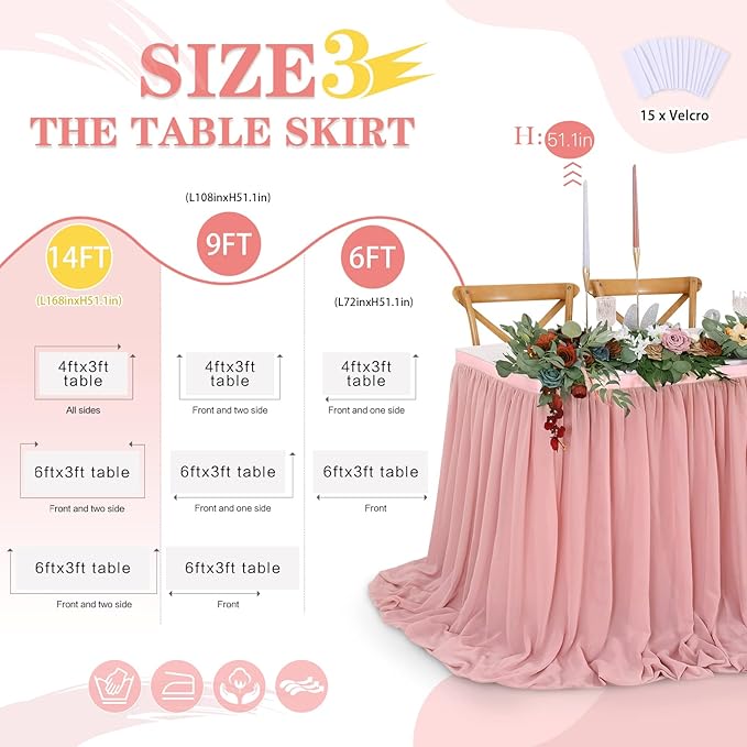 14FT Dusty Rose Chiffon Table Skirt Sheer Rectangle Tablecloth - Image 3