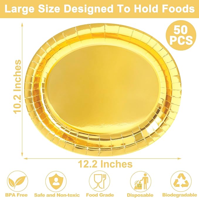 QZYL 50 Pcs Gold Foil Paper Plates, 12.2'' X 10.2'' Oval Large Paper Plates - Image 2