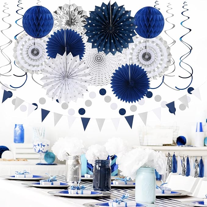 Navy-Blue White-Silver Graduation Party-Decorations - Image 5