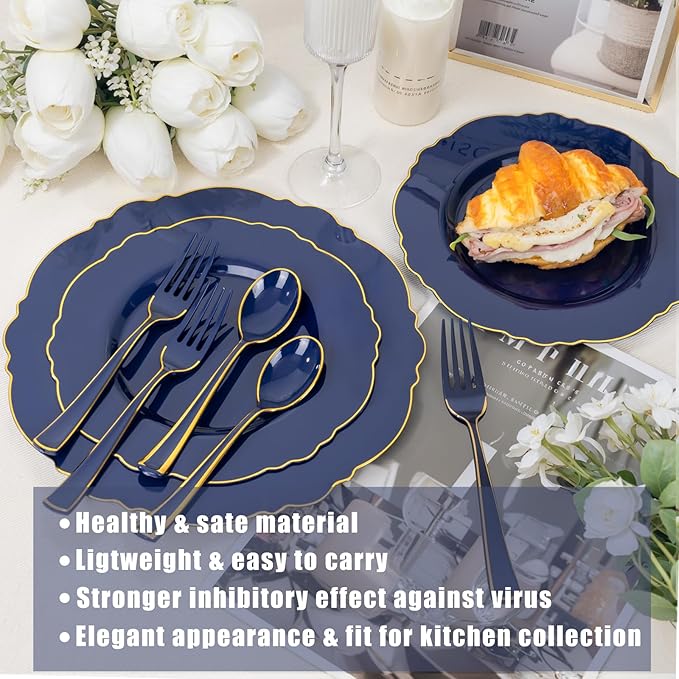 WDF 180PCS Blue Plastic Silverware -Blue and Gold Plastic Cutlery 60 Forks - Image 3