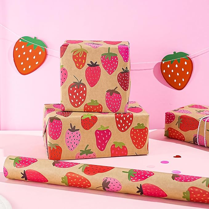 WRAPAHOLIC Kraft Strawberry Wrapping Paper Roll - Image 4