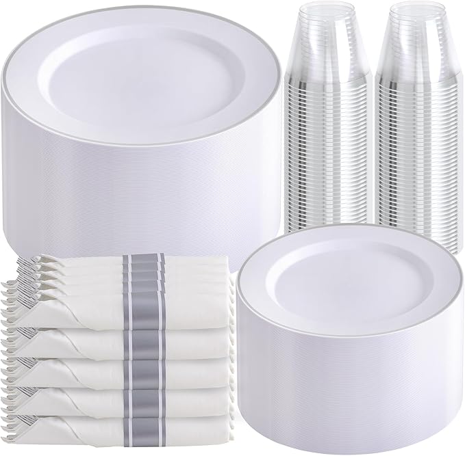 SUT 350 Pcs Silver Plastic Dinnerware Set by SeeYouTomorrow