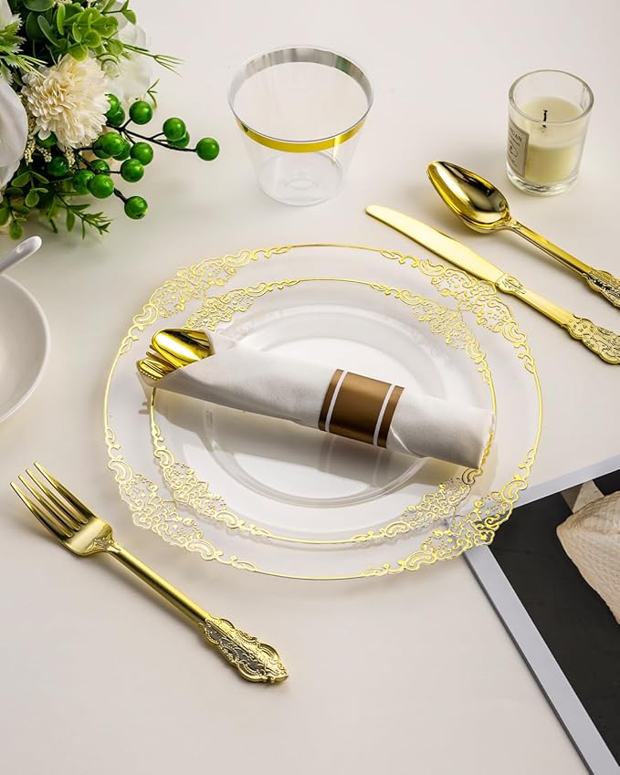 Goodluck 350 Piece Clear Gold Plastic Dinnerware Set - Image 4