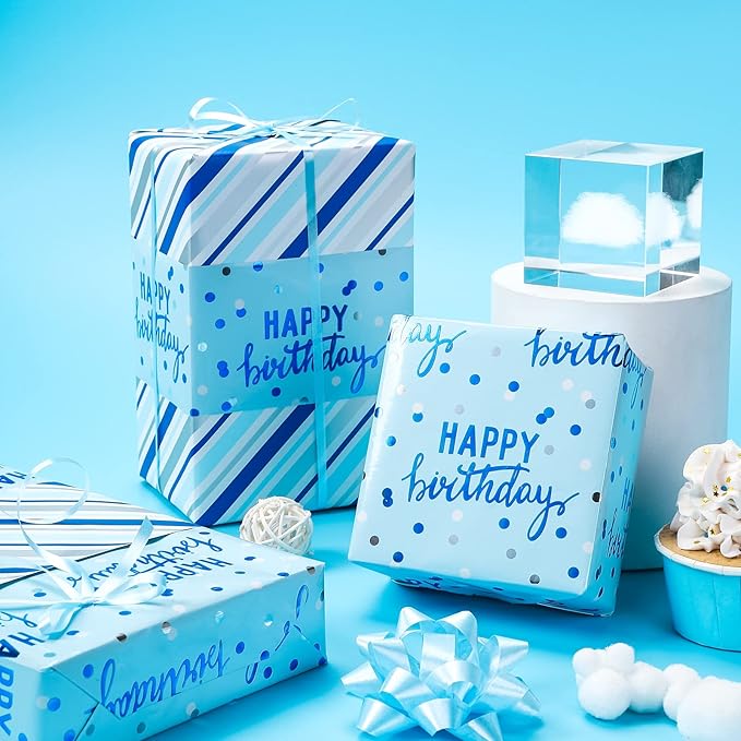 LeZakaa Reversible Blue Birthday Wrapping Paper Roll - Image 5