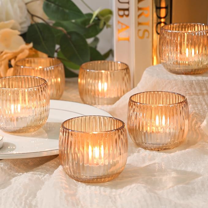 Set of 6 Ribbed Glass Votive Candle Holders, and Home Decor - Image 3