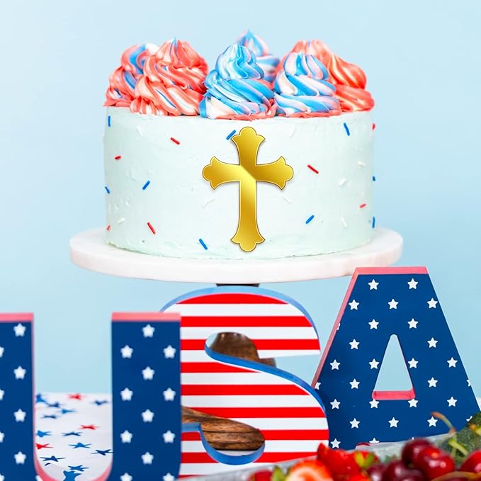 Blulu 16 Pieces Baptism Cake Toppers Crossing Cupcake Toppers Gold Mirror - Image 6