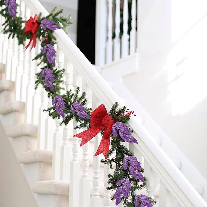 GREENTIME 12 Pack Artificial Purple Glitter Leaves 13" Fake Christmas Picks - Image 5