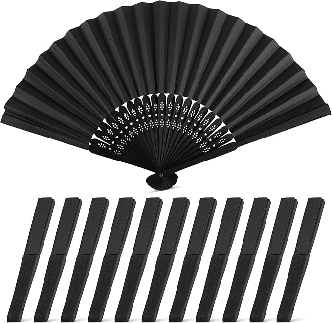 JOHOUSE 12 Packs 8.2 Inch Black Chinese Paper Foldable Hand Fan by JOHOUSE