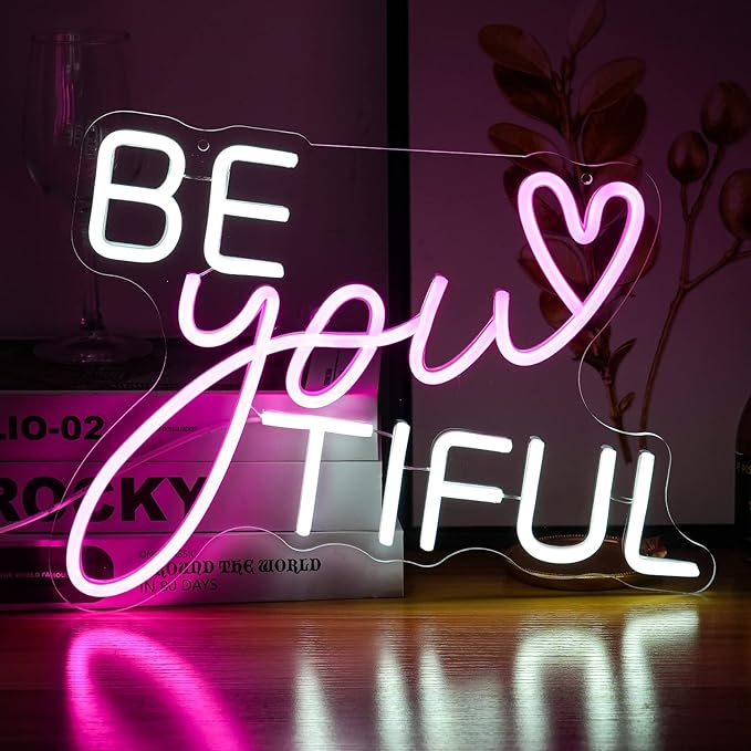 Be Your Tiful Neon Sign Dimmable Letter Neon Signs White Pink Wall Decorative by LISIGNVE