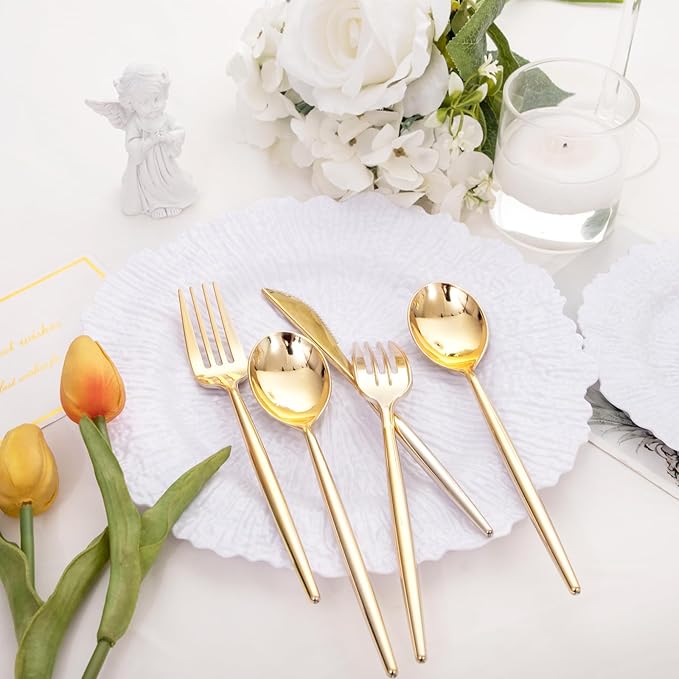 SUT 150PCS Gold Plastic Silverware, Plastic Utensils, Disposable Utensils Heavy - Image 3