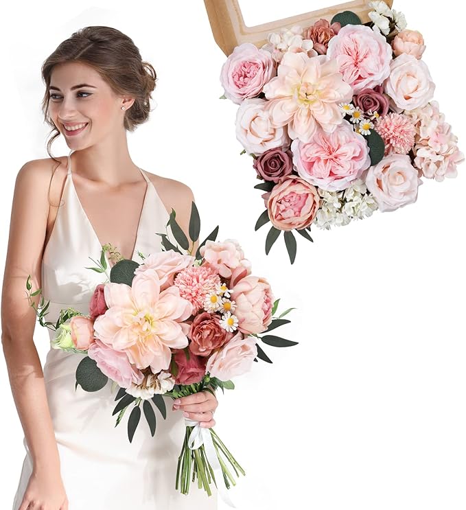 AmyHomie Pink Artificial Flowers Combo Silk Mix Peony Rose Hydrangea Daisy Fake - Image 9