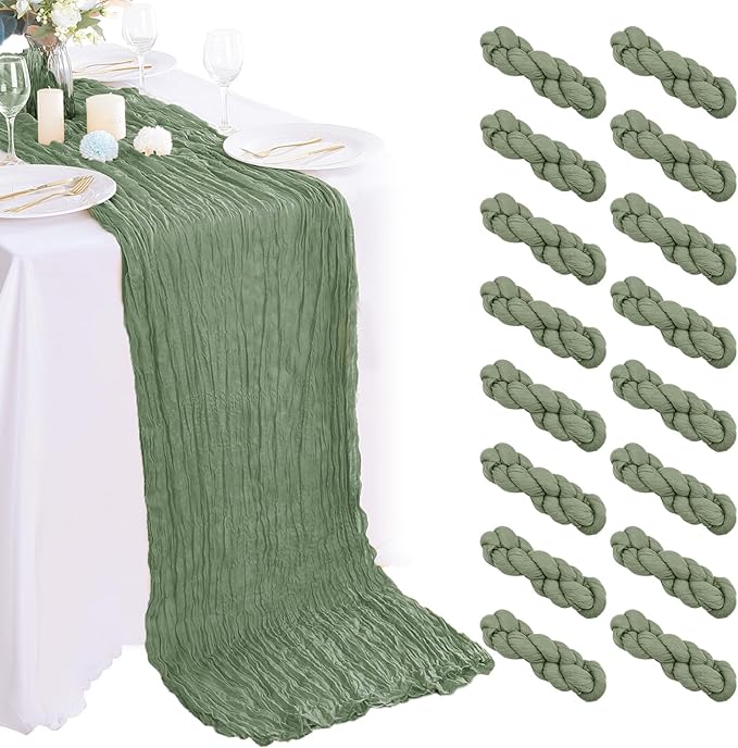 16PCS Sage Green Cheesecloth Boho Gauze Table Runner by AIRIT+LOVELY