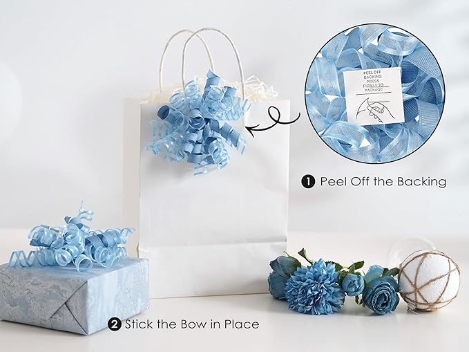 HUIHUANG Blue Gift Bows 5 inch x 8 Counts Dusty Blue Self-Adhesive Curly Ribbon - Image 3