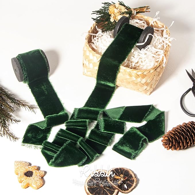Ribbli Forest Green Velvet Ribbon 1.5 Inch Handmade Frayed Vintage Christmas - Image 2