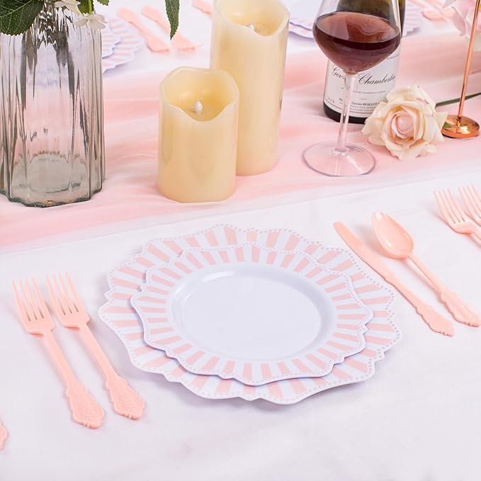 COLOSUS 150pcs Disposable Pink and White Stripped Plastic Plates and Silverware - Image 7