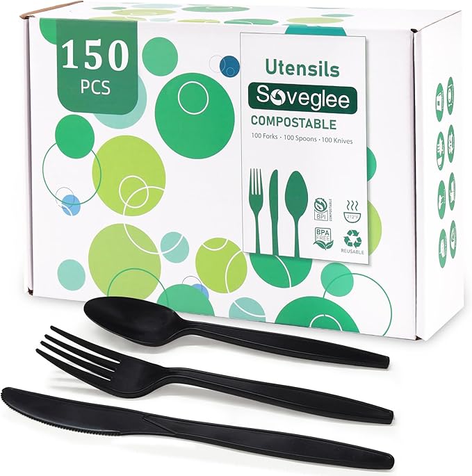 150 Count Black Compostable Silverware, Compostable Utensils, Disposable by SOVEGLEE