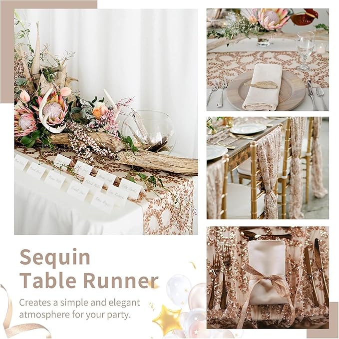 Sequin Table Runners 2 Pieces Rose Gold Flower Table Runners 12x72 Inch Glitter - Image 7