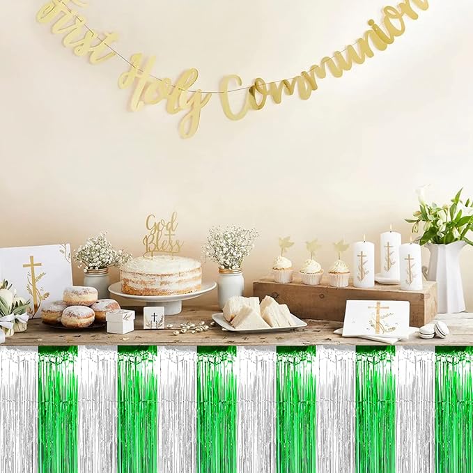 6 Pack 29x108 Inch Silver Green Metallic Foil Fringe Tinsel Table Skirts - Image 4