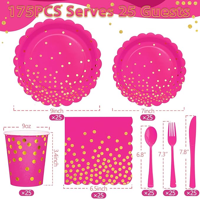 175Pcs Pink Party Supplies, Hot Pink Paper Plates and Napkins Include Scalloped - Image 2