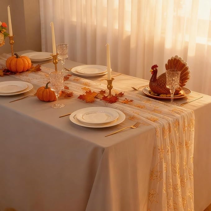 Snowkingdom Fall Table Runner, 10ft Gold Maple Leaves Gauze Chiffon Table - Image 6