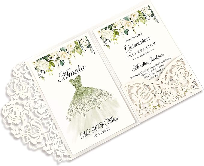 DORIS HOME 50pcs Laser Cut Quinceanera Invitations Green and Ivory White by DorisHome