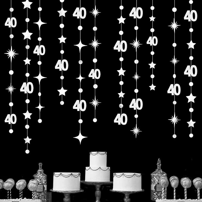 Silver 40th Birthday Decorations Number 40 Circle Dot Twinkle Star Garland - Image 5
