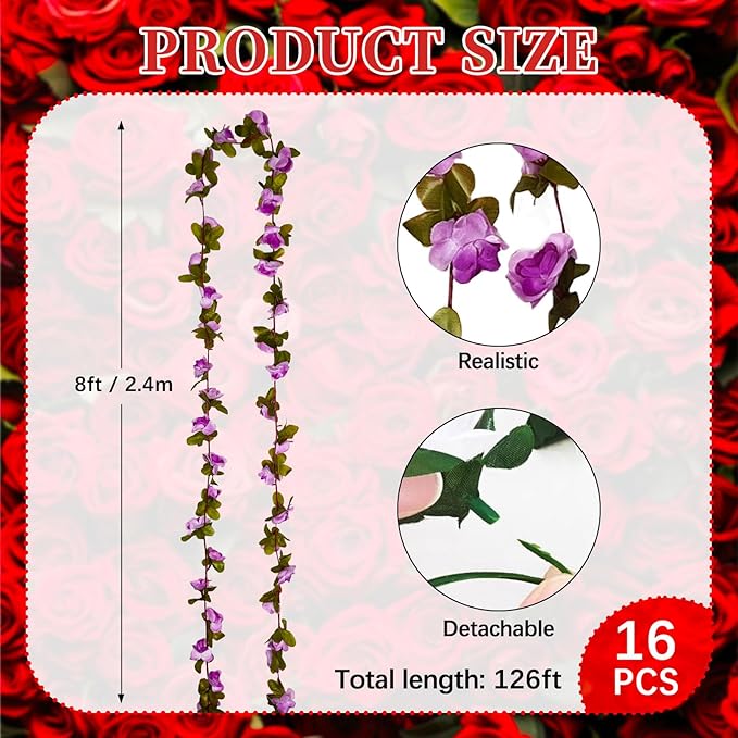 16Pcs 126Ft Light Purple Rose Garland, Fake Rose Hanging Flowers, Artificial - Image 2