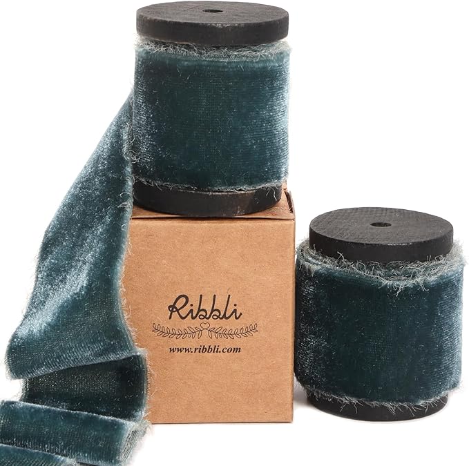 Ribbli Dusty Green Velvet Ribbon 1.5 Inch Handmade Frayed Vintage Steel Blue by Ribbli