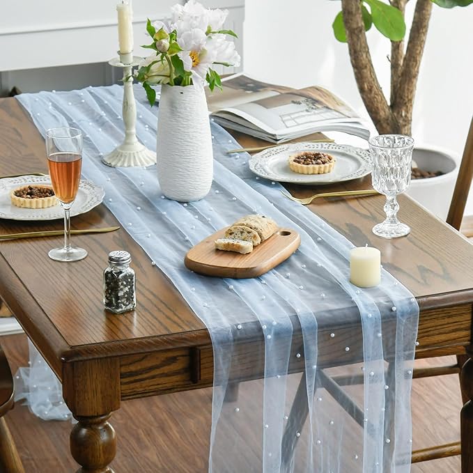 Artoid Mode Pearl Blue Gauze Table Runner 120 Inch 10FT, Seasonal Sheer Dining - Image 3